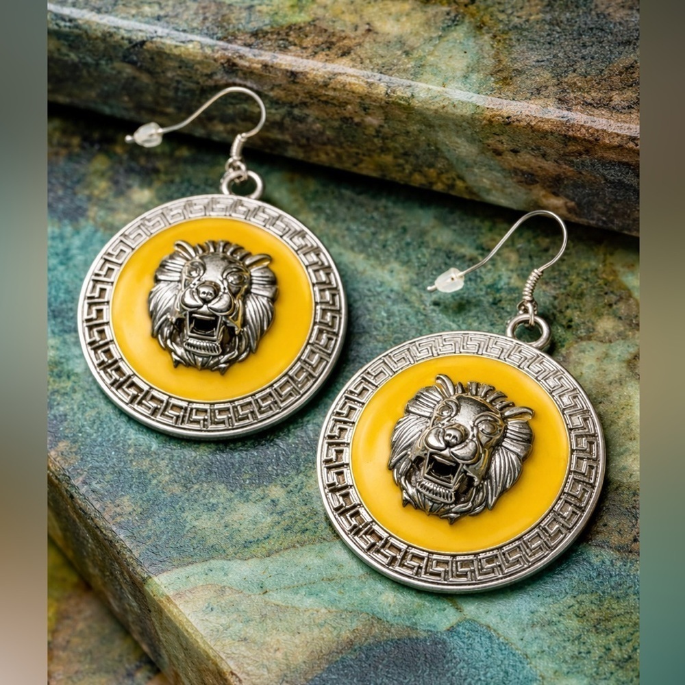 Lion Head Medallion Dangle Earrings | Yellow Enamel Statement Earrings